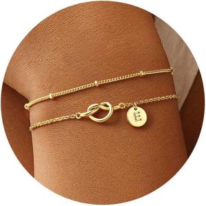 M MOOHAM Valentines Gifts for Her Women Kids – Dainty 14K Gold Plated Knot Heart Disc Letter A-Z Initial Bracelet, Layered Link Charm Bracelets for Women Girls, Womens Jewelry Birthday Gifts(E)