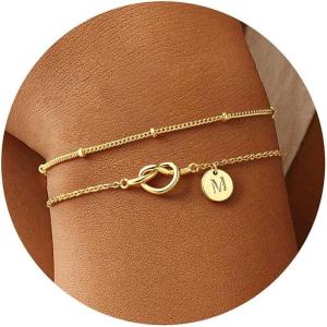 M MOOHAM Valentines Gifts for Her Women Kids – Dainty 14K Gold Plated Knot Heart Disc Letter A-Z Initial Bracelet, Layered Link Charm Bracelets for Women Girls, Womens Jewelry Birthday Gifts(M)