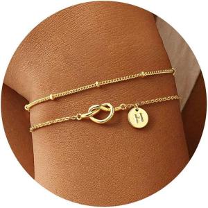 M MOOHAM Valentines Gifts for Her Women Kids – Dainty 14K Gold Plated Knot Heart Disc Letter A-Z Initial Bracelet, Layered Link Charm Bracelets for Women Girls, Womens Jewelry Birthday Gifts(H)