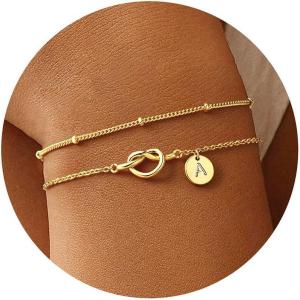 M MOOHAM Valentines Gifts for Her Women Kids – Dainty 14K Gold Plated Knot Heart Disc Letter A-Z Initial Bracelet, Layered Link Charm Bracelets for Women Girls, Womens Jewelry Birthday Gifts(A.)