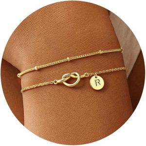 M MOOHAM Valentines Gifts for Her Women Kids – Dainty 14K Gold Plated Knot Heart Disc Letter A-Z Initial Bracelet, Layered Link Charm Bracelets for Women Girls, Womens Jewelry Birthday Gifts(R)