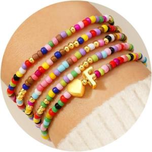 M MOOHAM Valentines Gifts for Kids Girls Her – 5PCS Colorful Beaded Bracelets for Girls, Cute Heart Initial Bracelet Stretch Stackable Bracelets Jewelry Set Valentines Gifts for Kids Teen Girl Women(F)