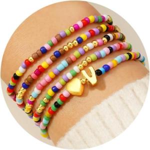 M MOOHAM Valentines Gifts for Kids Girls Her – 5PCS Colorful Beaded Bracelets for Girls, Cute Heart Initial Bracelet Stretch Stackable Bracelets Jewelry Set Valentines Gifts for Kids Teen Girl Women(V)