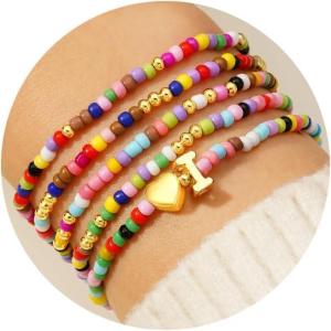 M MOOHAM Valentines Gifts for Kids Girls Her – 5PCS Colorful Beaded Bracelets for Girls, Cute Heart Initial Bracelet Stretch Stackable Bracelets Jewelry Set Valentines Gifts for Kids Teen Girl Women(I)