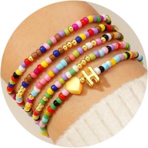 M MOOHAM Valentines Gifts for Kids Girls Her – 5PCS Colorful Beaded Bracelets for Girls, Cute Heart Initial Bracelet Stretch Stackable Bracelets Jewelry Set Valentines Gifts for Kids Teen Girl Women(H)