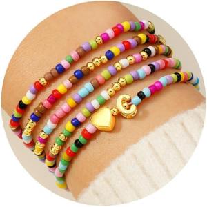 M MOOHAM Valentines Gifts for Kids Girls Her – 5PCS Colorful Beaded Bracelets for Girls, Cute Heart Initial Bracelet Stretch Stackable Bracelets Jewelry Set Valentines Gifts for Kids Teen Girl Women(C)