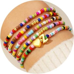 M MOOHAM Valentines Gifts for Kids Girls Her – 5PCS Colorful Beaded Bracelets for Girls, Cute Heart Initial Bracelet Stretch Stackable Bracelets Jewelry Set Valentines Gifts for Kids Teen Girl Women(Z)