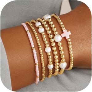M MOOHAM Valentines Gifts for Women Teen Girls, 14K Gold Plated Cross Beaded Bracelet Stack Set Stretch Pearl Bead Bracelet Colorful Christian Jewelry Religious Gifts for Women Teen Girls(Pink Cross-2)