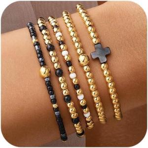 M MOOHAM Valentines Gifts for Women Teen Girls, 14K Gold Plated Cross Beaded Bracelet Stack Set Stretch Pearl Bead Bracelet Colorful Christian Jewelry Religious Gifts for Women Teen Girls(Black Cross)