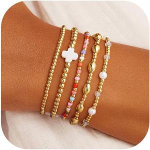M MOOHAM Valentines Gifts for Women Teen Girls, 14K Gold Plated Cross Beaded Bracelet Stack Set Stretch Pearl Bead Bracelet Colorful Christian Jewelry Religious Gifts for Women Teen Girls(White Cross)