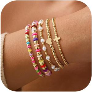 M MOOHAM Valentines Gifts for Women Teen Girls, 14K Gold Plated Cross Beaded Bracelet Stack Set Stretch Pearl Bead Bracelet Colorful Christian Jewelry Religious Gifts for Women Teen Girls(14K Gold Plated Cross)