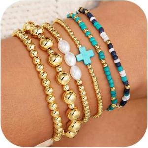 M MOOHAM Valentines Gifts for Women Teen Girls, 14K Gold Plated Cross Beaded Bracelet Stack Set Stretch Pearl Bead Bracelet Colorful Christian Jewelry Religious Gifts for Women Teen Girls(Blue Cross)