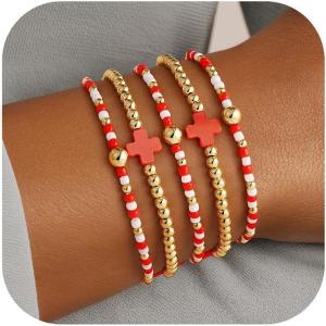 M MOOHAM Valentines Gifts for Women Teen Girls, 14K Gold Plated Cross Beaded Bracelet Stack Set Stretch Pearl Bead Bracelet Colorful Christian Jewelry Religious Gifts for Women Teen Girls(Red Cross)