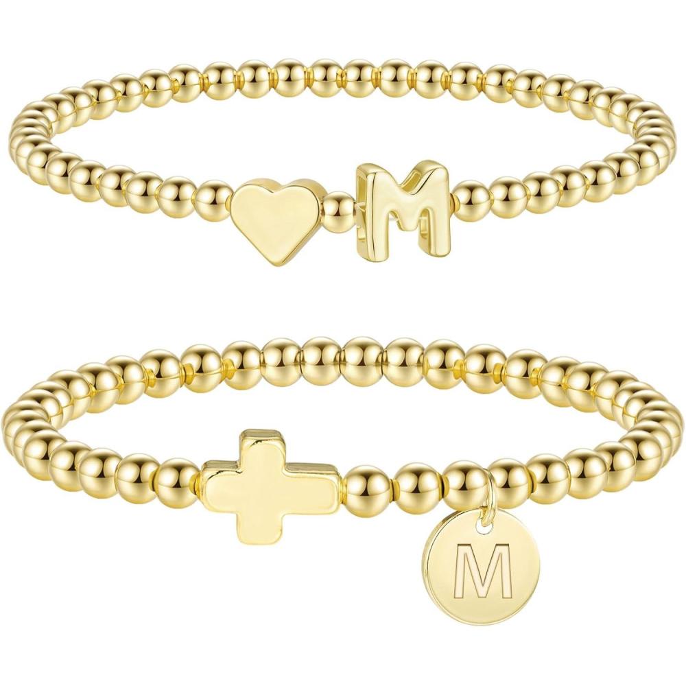 imageM MOOHAM Gold Beaded Bracelets Heart Initial Bracelets amp Cross Initial Bracelets Letter M