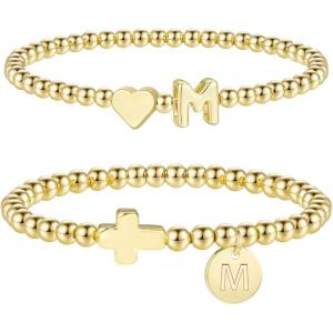 M MOOHAM Gold Beaded Bracelets – Heart Initial Bracelets & Cross Initial Bracelets Letter M
