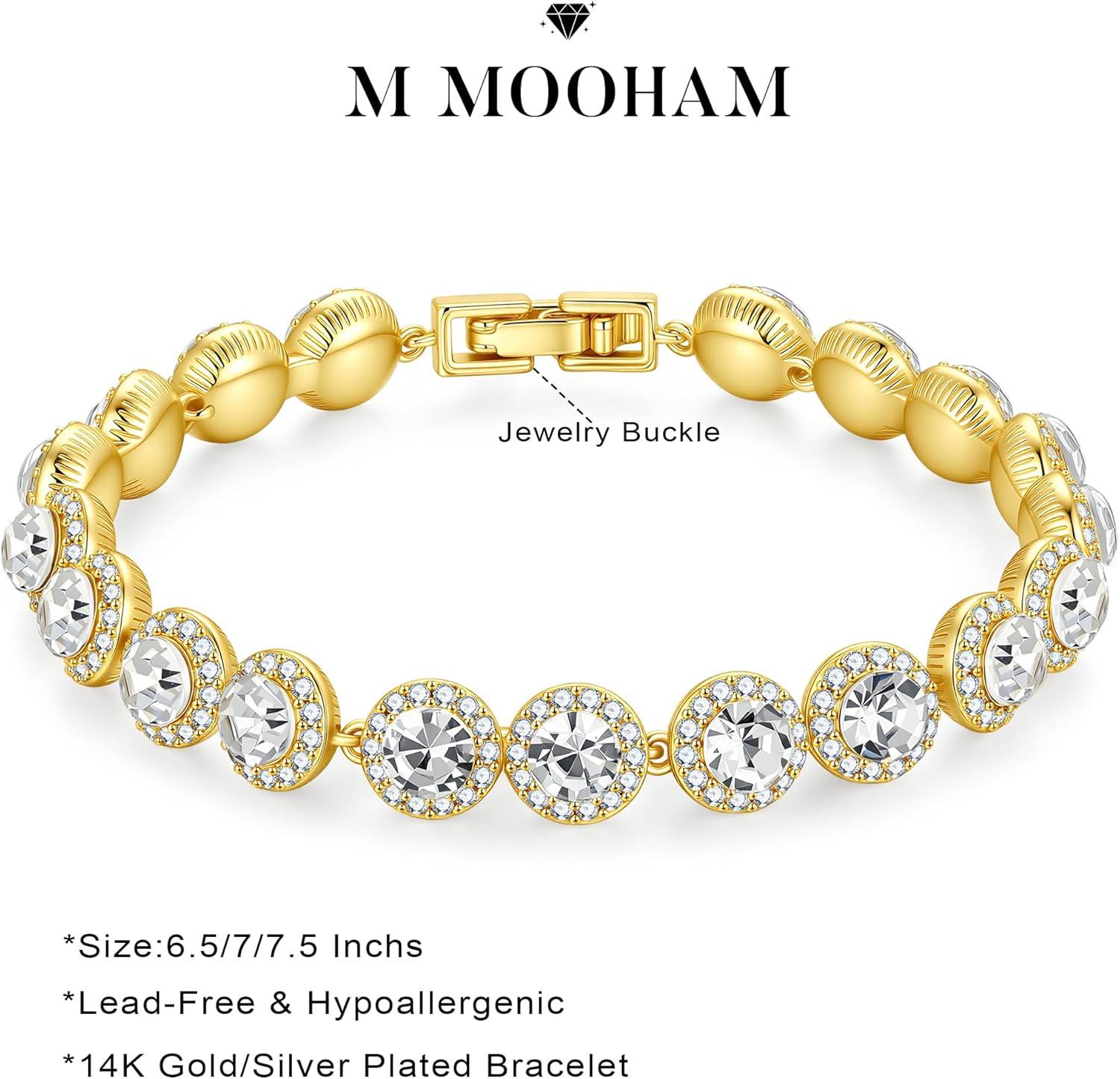 imageM MOOHAM Adjustable Tennis Bracelet for Women Silver14K Gold Plated Cubic Zirconia Tennis Bracelet Classic Round Cubic Zirconia Angelic Bracelets Jewelry Gifts for Women14k gold plated
