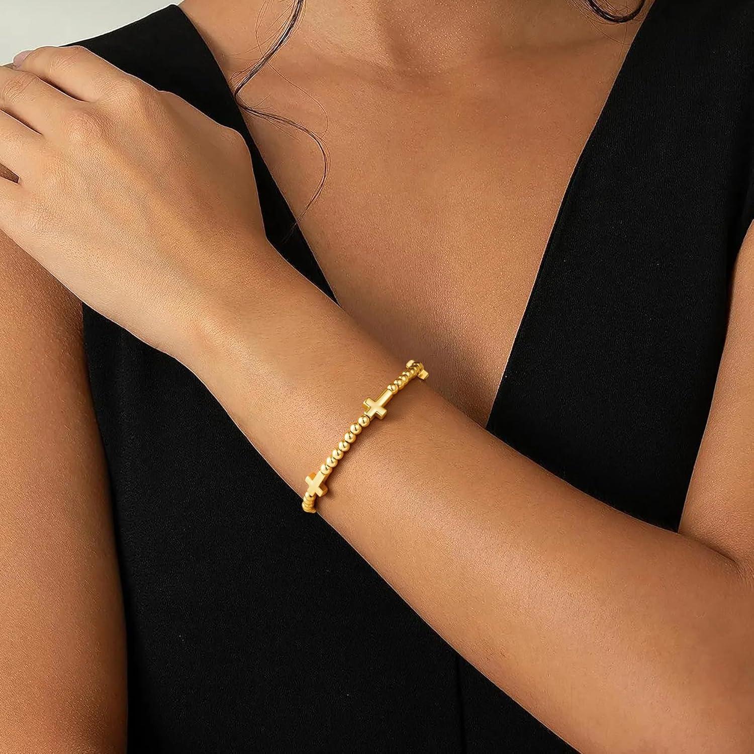 imageM MOOHAM Gold Beaded Bracelets for Women 14K GoldPlated Dainty Cross Puffy Heart Round Cubic Zirconia Stretch Bead Ball Bracelet for Women Trendy Womens Jewelry GiftsCross