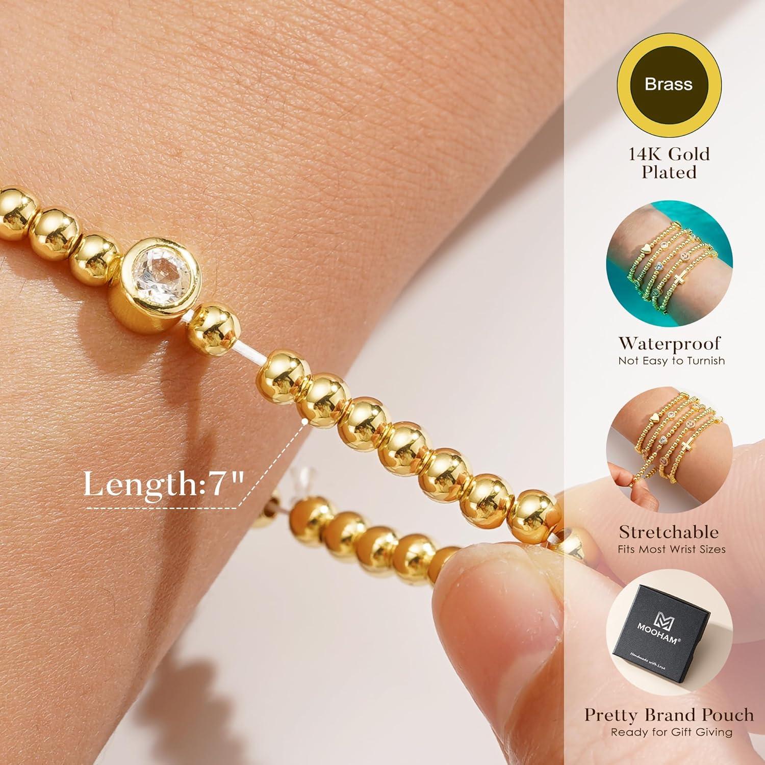 imageM MOOHAM Gold Beaded Bracelets for Women 14K GoldPlated Dainty Cross Puffy Heart Round Cubic Zirconia Stretch Bead Ball Bracelet for Women Trendy Womens Jewelry GiftsRound CZ