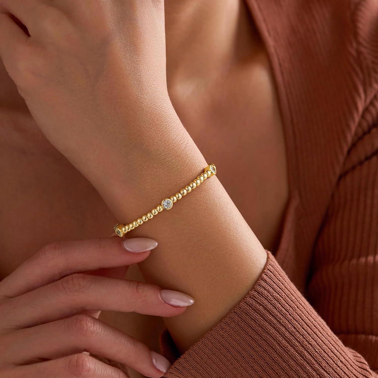 imageM MOOHAM Gold Beaded Bracelets for Women 14K GoldPlated Dainty Cross Puffy Heart Round Cubic Zirconia Stretch Bead Ball Bracelet for Women Trendy Womens Jewelry GiftsRound CZ