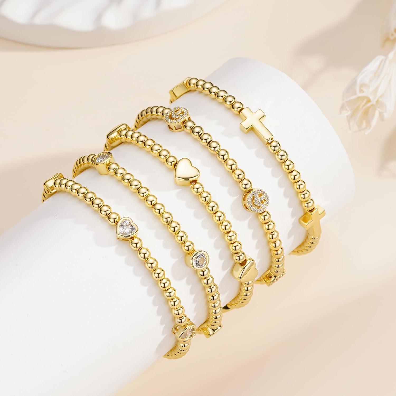 imageM MOOHAM Gold Beaded Bracelets for Women 14K GoldPlated Dainty Cross Puffy Heart Round Cubic Zirconia Stretch Bead Ball Bracelet for Women Trendy Womens Jewelry GiftsCross
