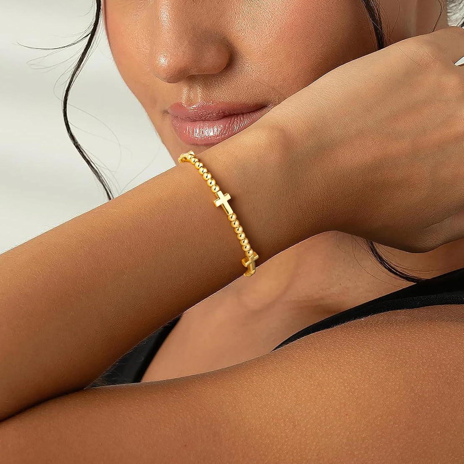 imageM MOOHAM Gold Beaded Bracelets for Women 14K GoldPlated Dainty Cross Puffy Heart Round Cubic Zirconia Stretch Bead Ball Bracelet for Women Trendy Womens Jewelry GiftsCross