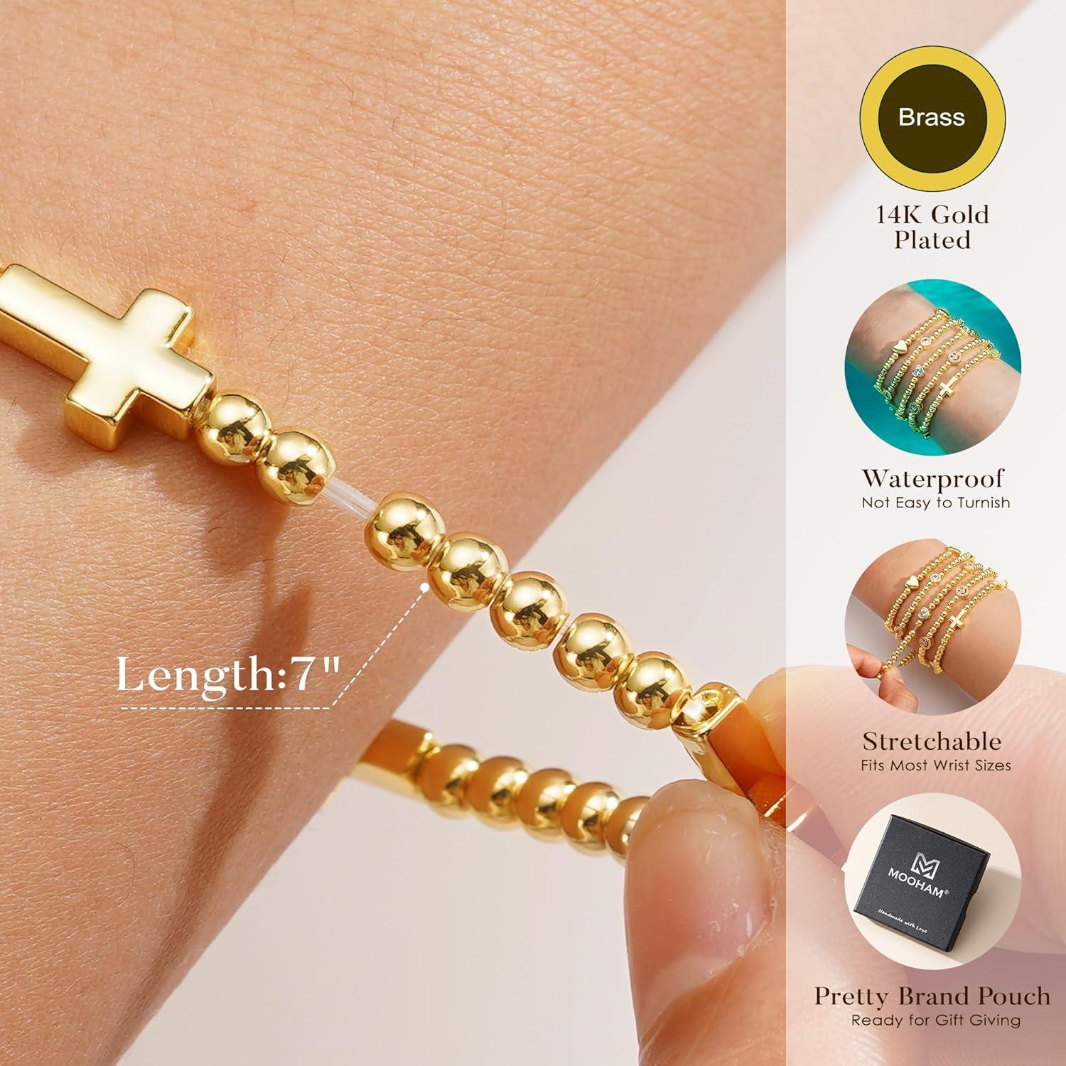 imageM MOOHAM Gold Beaded Bracelets for Women 14K GoldPlated Dainty Cross Puffy Heart Round Cubic Zirconia Stretch Bead Ball Bracelet for Women Trendy Womens Jewelry GiftsCross