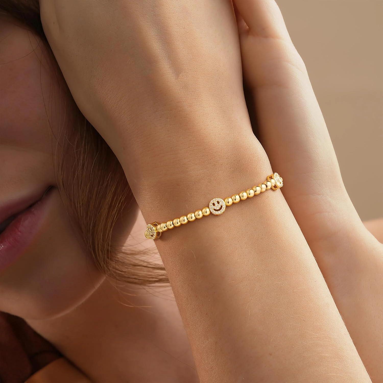 imageM MOOHAM Gold Beaded Bracelets for Women 14K GoldPlated Dainty Cross Puffy Heart Round Cubic Zirconia Stretch Bead Ball Bracelet for Women Trendy Womens Jewelry GiftsSmile CZ