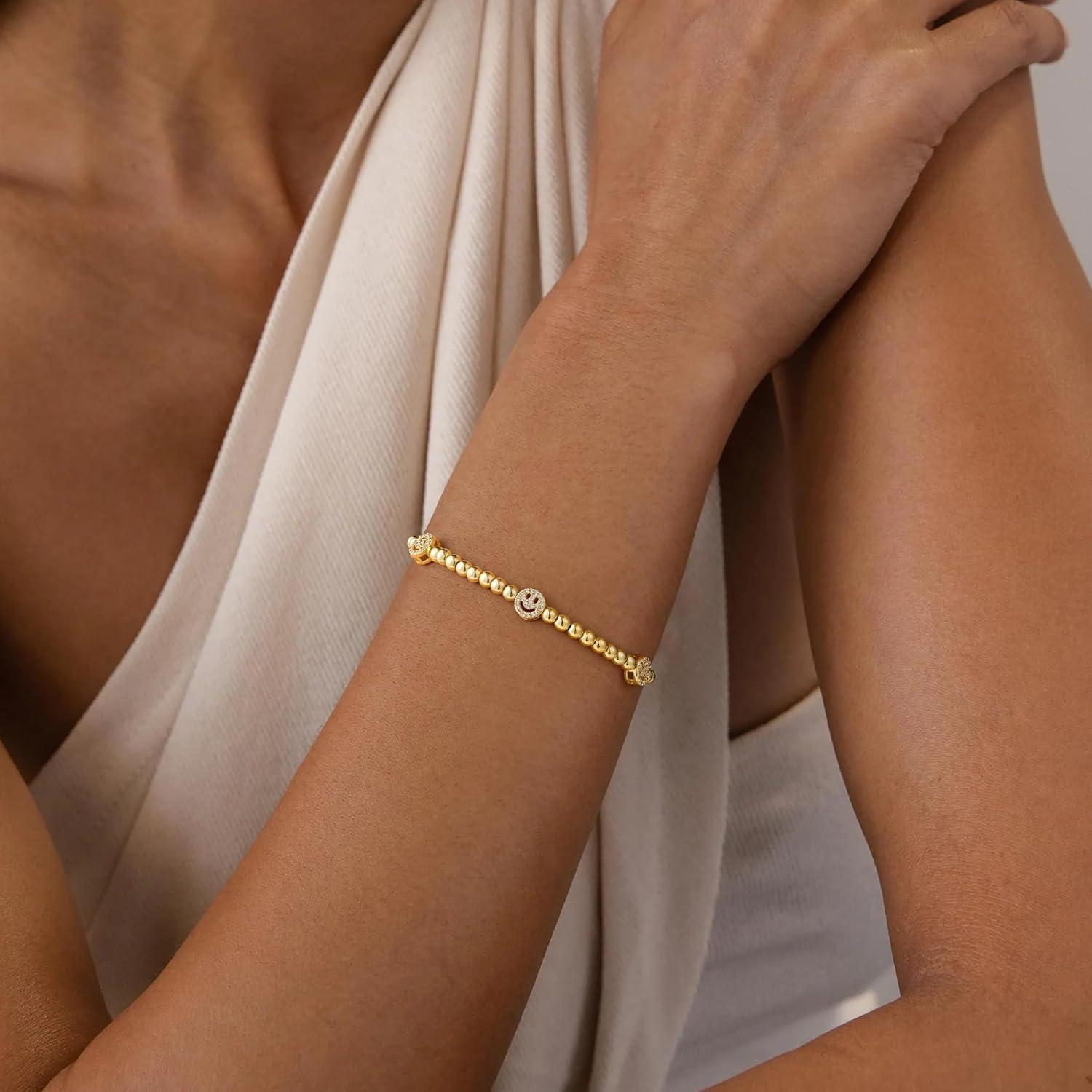 imageM MOOHAM Gold Beaded Bracelets for Women 14K GoldPlated Dainty Cross Puffy Heart Round Cubic Zirconia Stretch Bead Ball Bracelet for Women Trendy Womens Jewelry GiftsSmile CZ