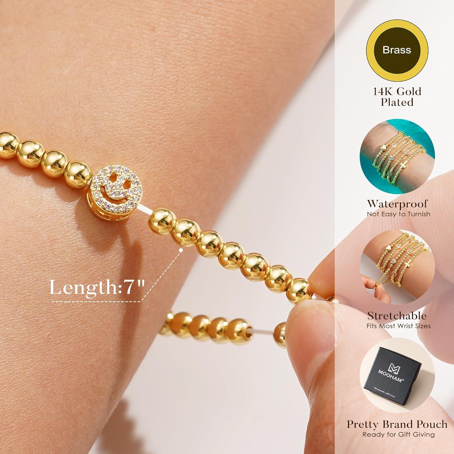 imageM MOOHAM Gold Beaded Bracelets for Women 14K GoldPlated Dainty Cross Puffy Heart Round Cubic Zirconia Stretch Bead Ball Bracelet for Women Trendy Womens Jewelry GiftsSmile CZ