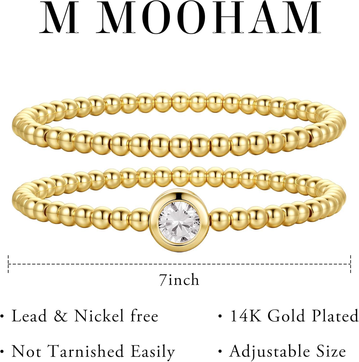 imageM MOOHAM Gold Beaded Bracelets for Women Girls Non Tarnish Dainty 14K Gold Plated Cross Heart CZ Bead Ball Stretch Bracelets Stackable Bracelet Set Stack for Women Teen Girl Trendy Jewelry Gifts2pcs beaded bracelets with single cz