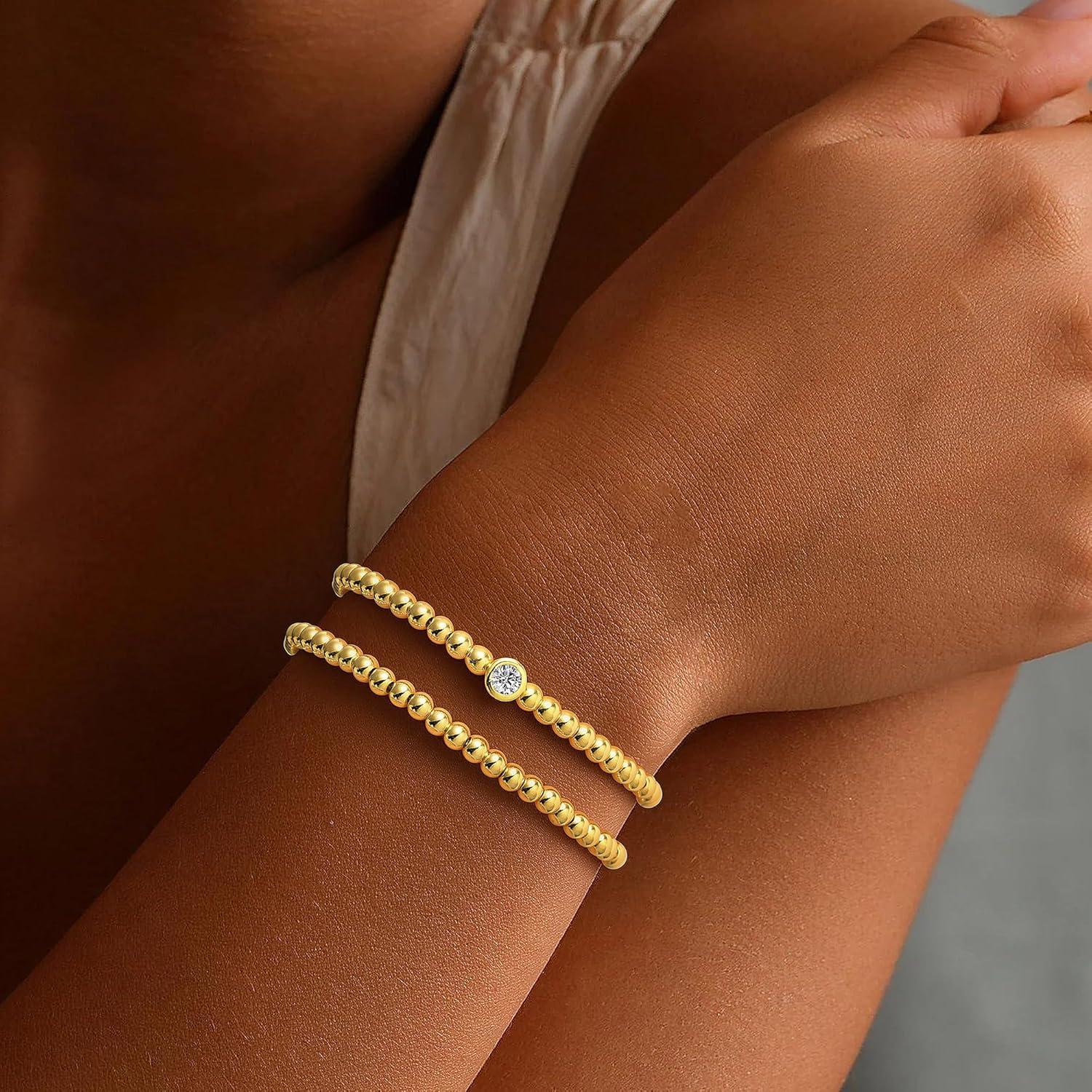 imageM MOOHAM Gold Beaded Bracelets for Women Girls Non Tarnish Dainty 14K Gold Plated Cross Heart CZ Bead Ball Stretch Bracelets Stackable Bracelet Set Stack for Women Teen Girl Trendy Jewelry Gifts2pcs beaded bracelets with single cz