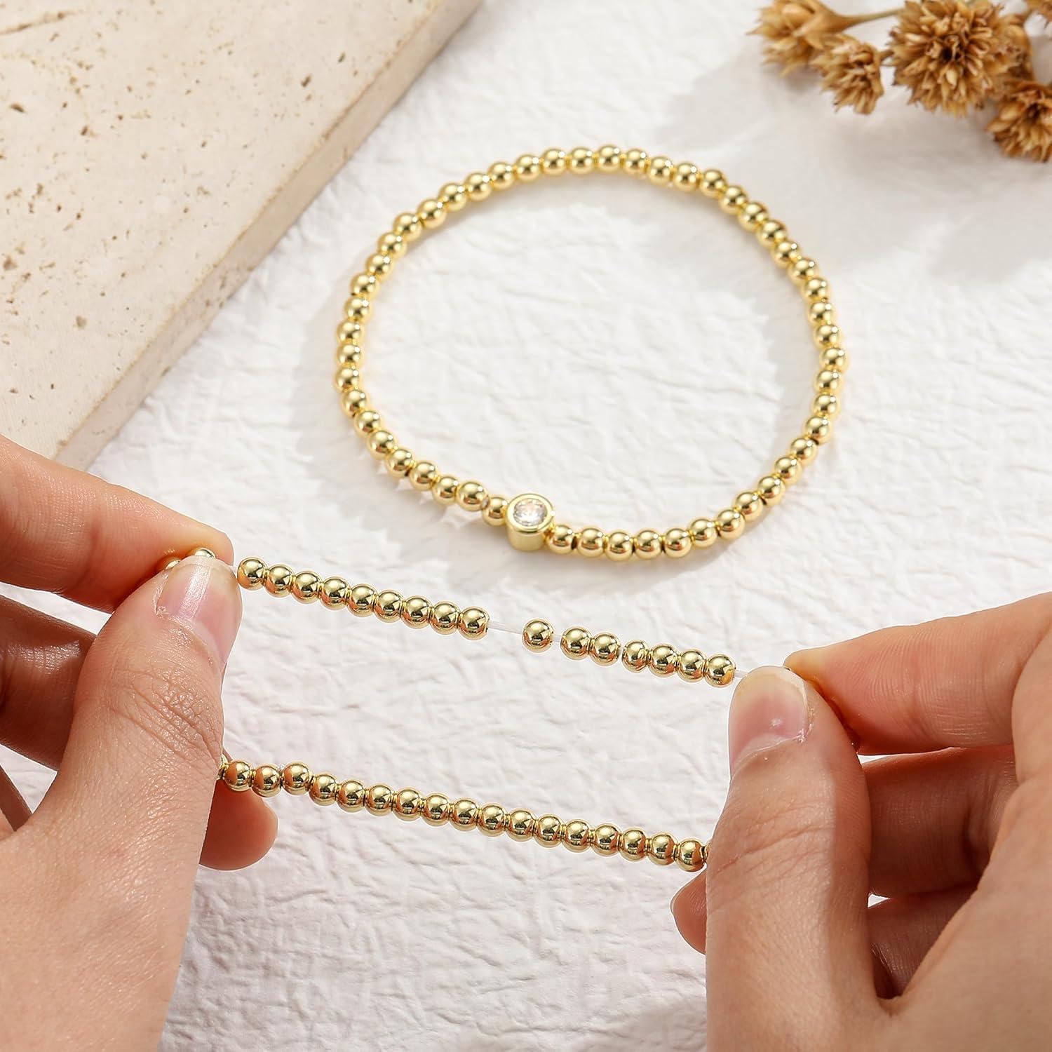 imageM MOOHAM Gold Beaded Bracelets for Women Girls Non Tarnish Dainty 14K Gold Plated Cross Heart CZ Bead Ball Stretch Bracelets Stackable Bracelet Set Stack for Women Teen Girl Trendy Jewelry Gifts2pcs beaded bracelets with single cz
