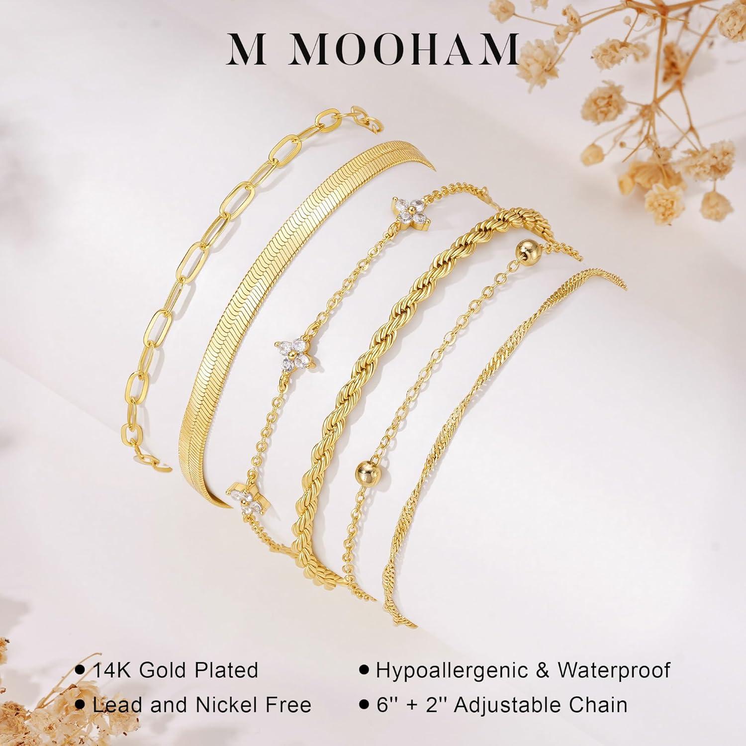 imageM MOOHAM Gold Bracelets Stack for Women Non Tarnish Dainty 14K Gold Plated Stackable Bracelets Simple Herringbone Paperclip Rope Cuban Chain Bracelet Set for Women Trendy Waterproof Jewelry Gift6pcs bracelets set05