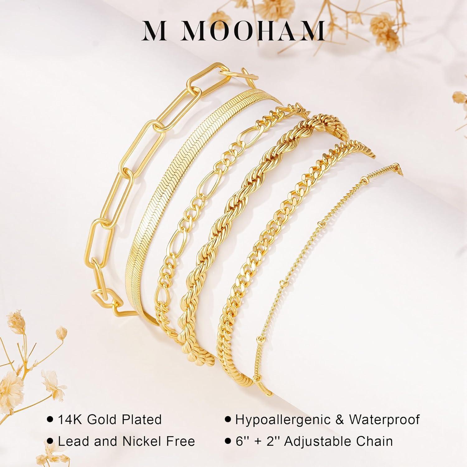 imageM MOOHAM Gold Bracelets Stack for Women Non Tarnish Dainty 14K Gold Plated Stackable Bracelets Simple Herringbone Paperclip Rope Cuban Chain Bracelet Set for Women Trendy Waterproof Jewelry Gift6pcs bracelets set02