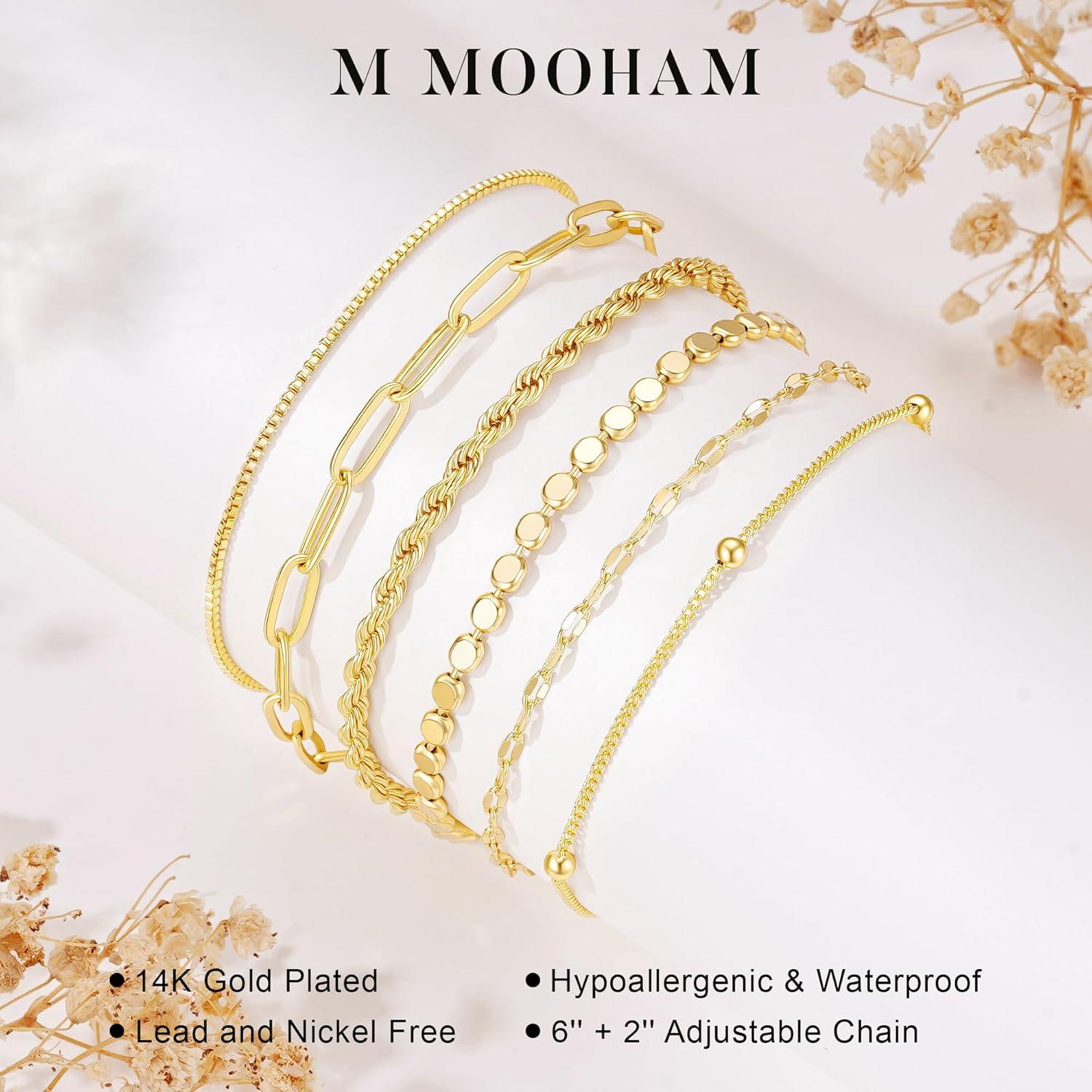 imageM MOOHAM Gold Bracelets Stack for Women Non Tarnish Dainty 14K Gold Plated Stackable Bracelets Simple Herringbone Paperclip Rope Cuban Chain Bracelet Set for Women Trendy Waterproof Jewelry Gift6pcs bracelets set01