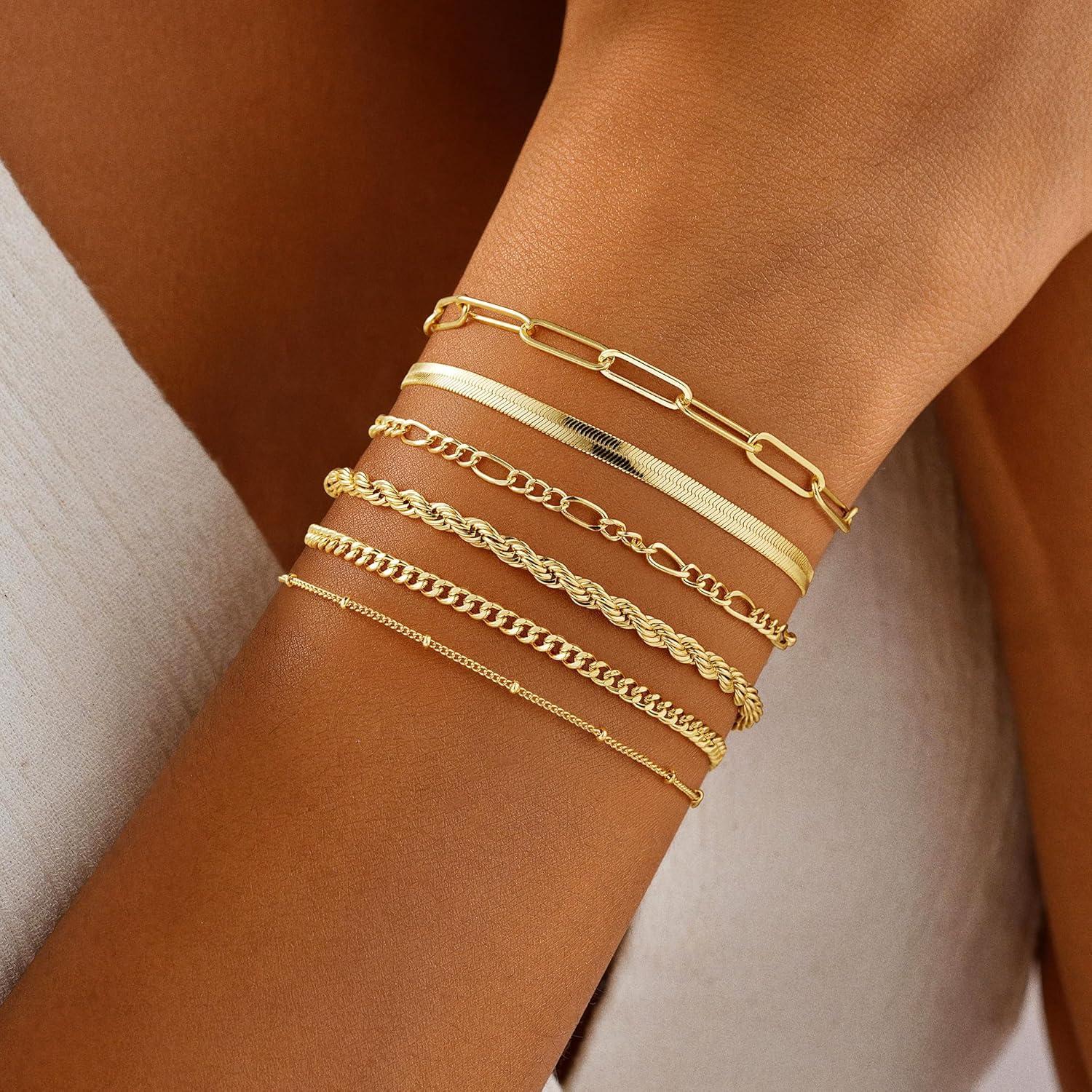 imageM MOOHAM Gold Bracelets Stack for Women Non Tarnish Dainty 14K Gold Plated Stackable Bracelets Simple Herringbone Paperclip Rope Cuban Chain Bracelet Set for Women Trendy Waterproof Jewelry Gift6pcs bracelets set02