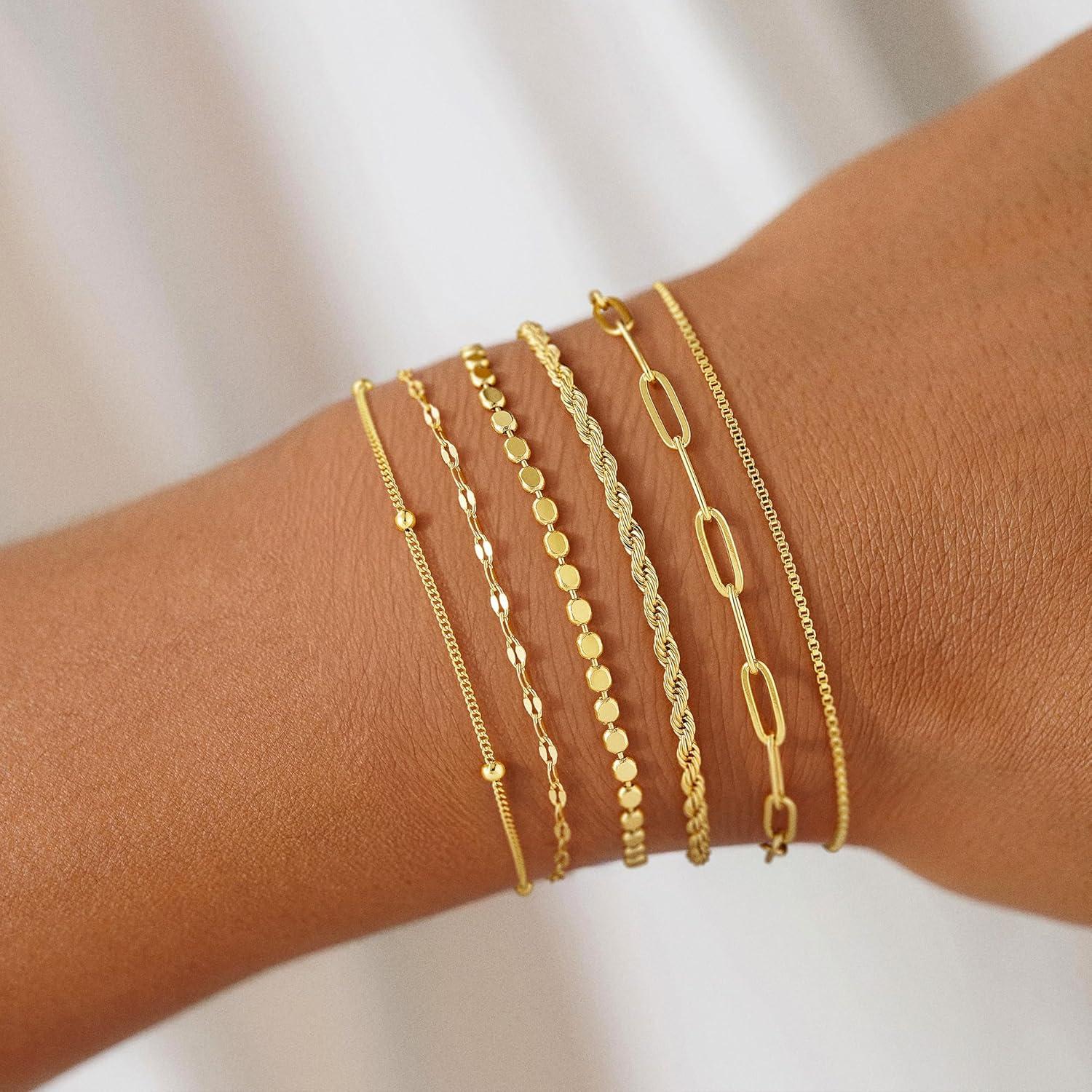 imageM MOOHAM Gold Bracelets Stack for Women Non Tarnish Dainty 14K Gold Plated Stackable Bracelets Simple Herringbone Paperclip Rope Cuban Chain Bracelet Set for Women Trendy Waterproof Jewelry Gift6pcs bracelets set01
