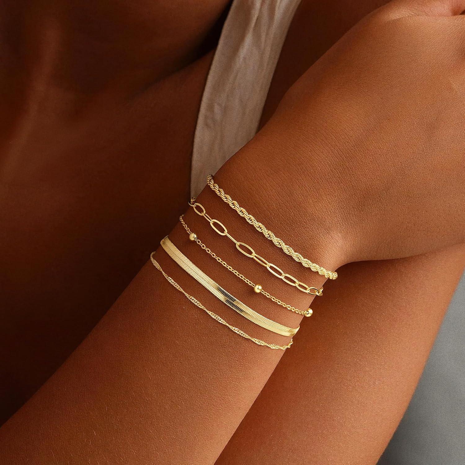 imageM MOOHAM Gold Bracelets Stack for Women Non Tarnish Dainty 14K Gold Plated Stackable Bracelets Simple Herringbone Paperclip Rope Cuban Chain Bracelet Set for Women Trendy Waterproof Jewelry Gift5pcs bracelets set01