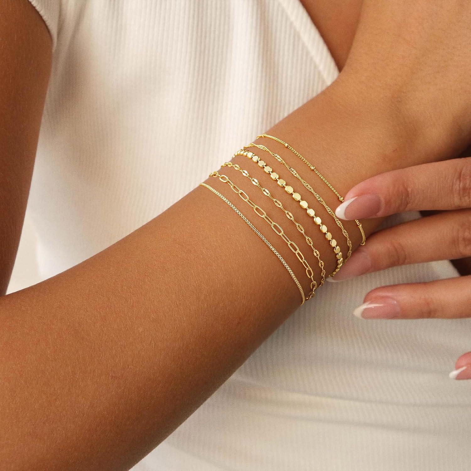 imageM MOOHAM Gold Bracelets Stack for Women Non Tarnish Dainty 14K Gold Plated Stackable Bracelets Simple Herringbone Paperclip Rope Cuban Chain Bracelet Set for Women Trendy Waterproof Jewelry Gift6pcs bracelets set03