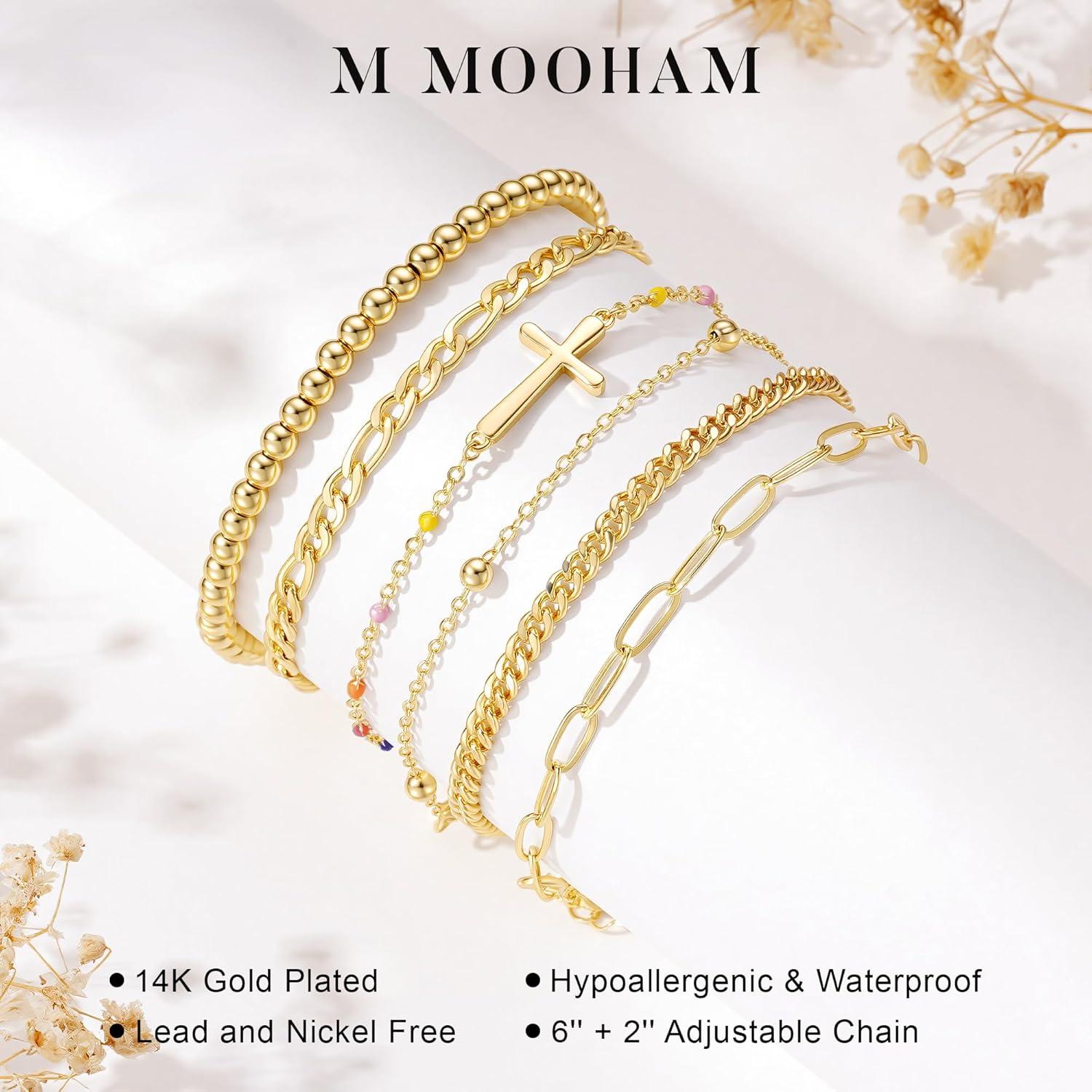 imageM MOOHAM Gold Bracelets Stack for Women Non Tarnish Dainty 14K Gold Plated Stackable Bracelets Simple Herringbone Paperclip Rope Cuban Chain Bracelet Set for Women Trendy Waterproof Jewelry Gift6pcs bracelets set06