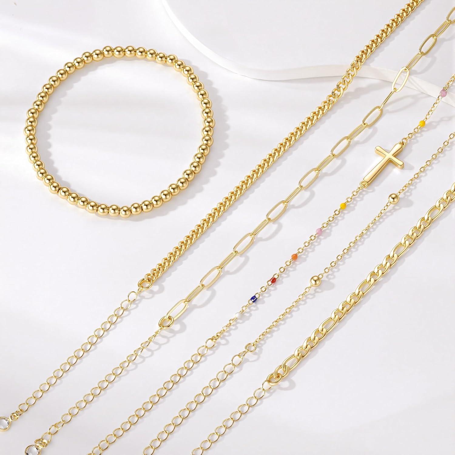 imageM MOOHAM Gold Bracelets Stack for Women Non Tarnish Dainty 14K Gold Plated Stackable Bracelets Simple Herringbone Paperclip Rope Cuban Chain Bracelet Set for Women Trendy Waterproof Jewelry Gift6pcs bracelets set06