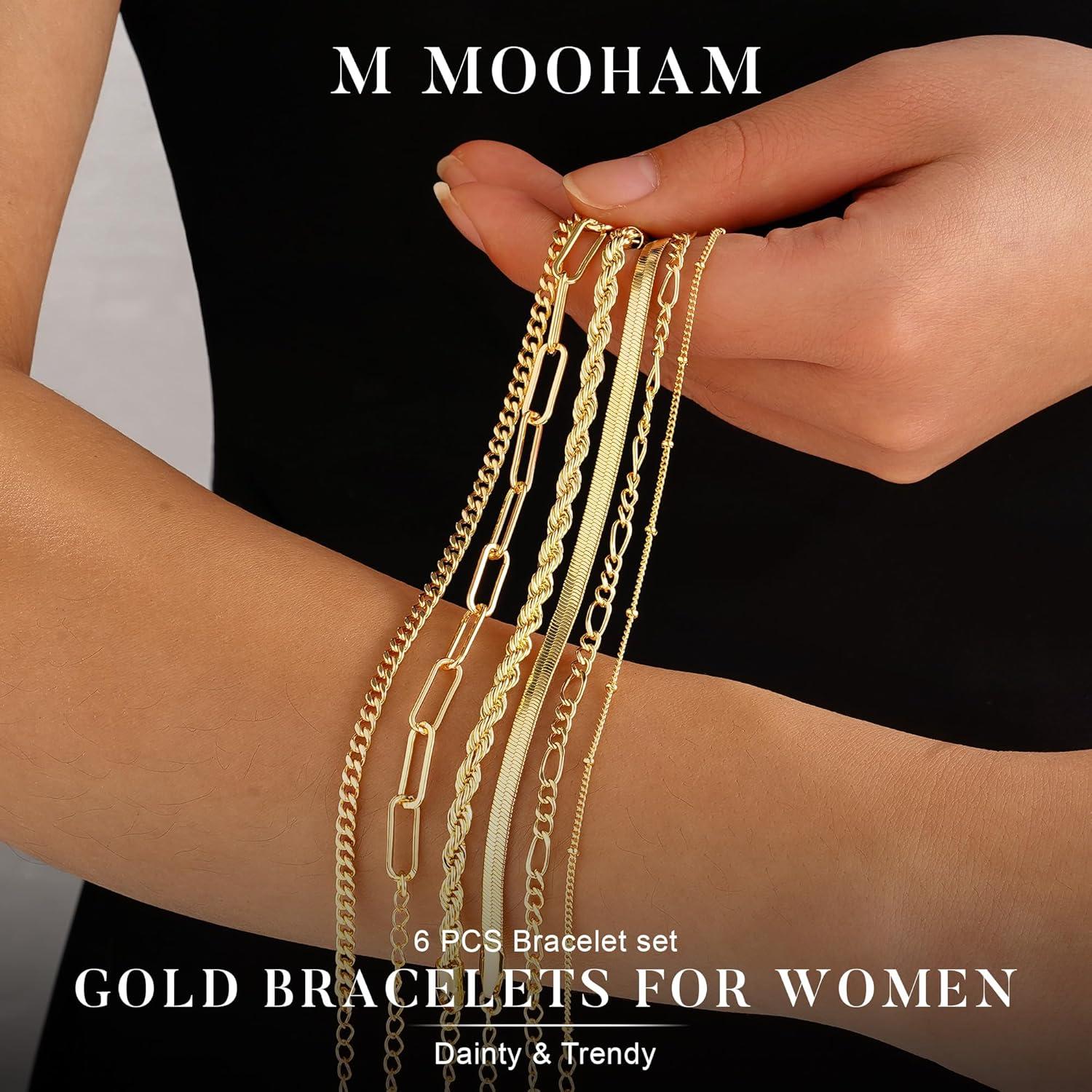 imageM MOOHAM Gold Bracelets Stack for Women Non Tarnish Dainty 14K Gold Plated Stackable Bracelets Simple Herringbone Paperclip Rope Cuban Chain Bracelet Set for Women Trendy Waterproof Jewelry Gift6pcs bracelets set02