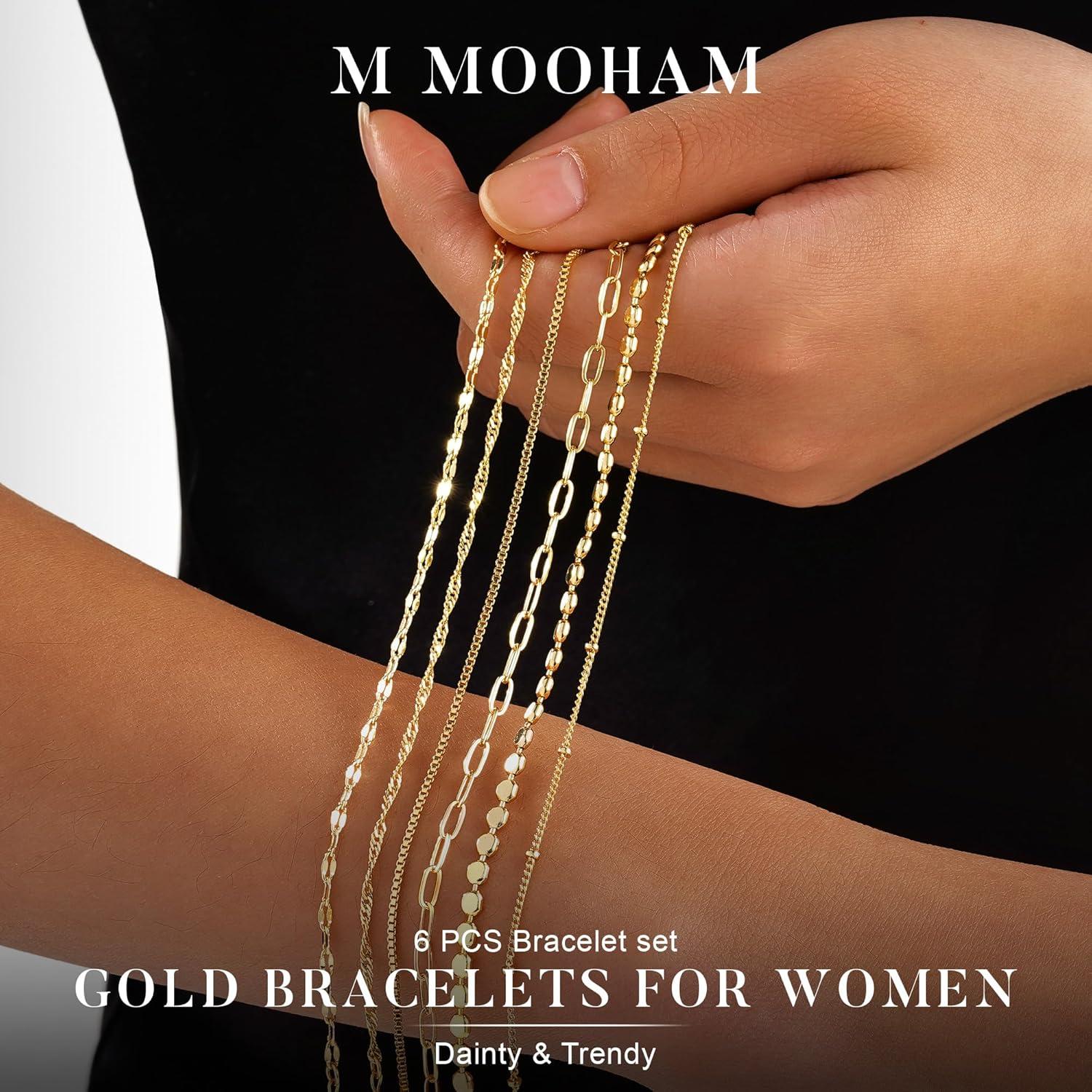 imageM MOOHAM Gold Bracelets Stack for Women Non Tarnish Dainty 14K Gold Plated Stackable Bracelets Simple Herringbone Paperclip Rope Cuban Chain Bracelet Set for Women Trendy Waterproof Jewelry Gift6pcs bracelets set03
