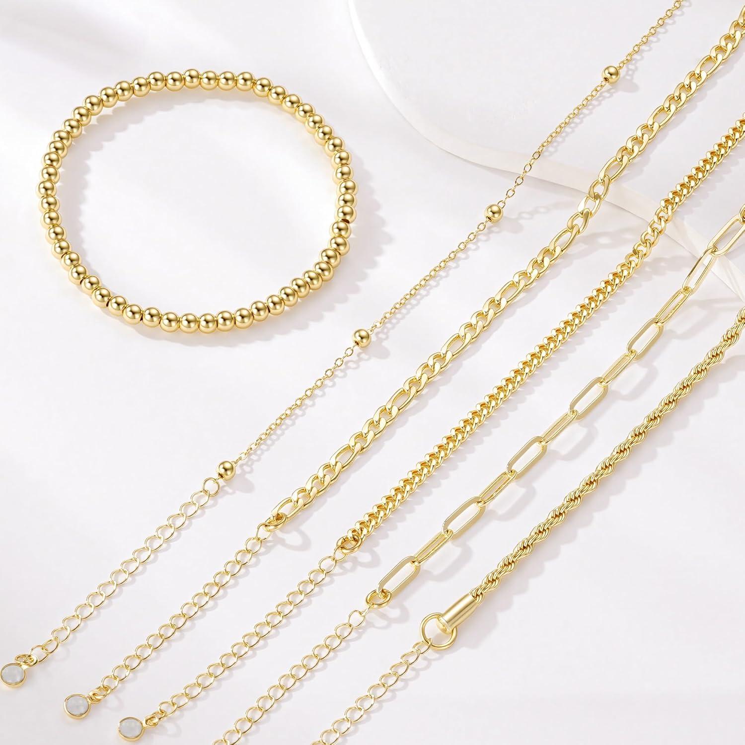 imageM MOOHAM Gold Bracelets Stack for Women Non Tarnish Dainty 14K Gold Plated Stackable Bracelets Simple Herringbone Paperclip Rope Cuban Chain Bracelet Set for Women Trendy Waterproof Jewelry Gift6pcs bracelets set04