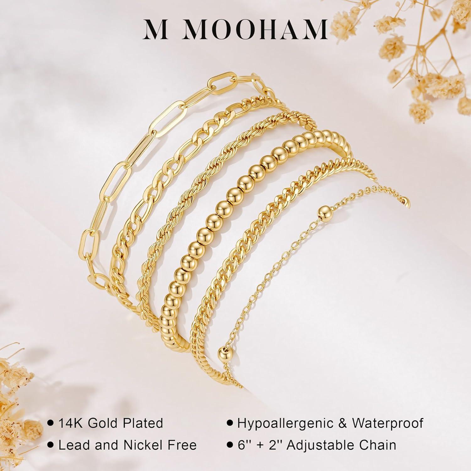 imageM MOOHAM Gold Bracelets Stack for Women Non Tarnish Dainty 14K Gold Plated Stackable Bracelets Simple Herringbone Paperclip Rope Cuban Chain Bracelet Set for Women Trendy Waterproof Jewelry Gift6pcs bracelets set04