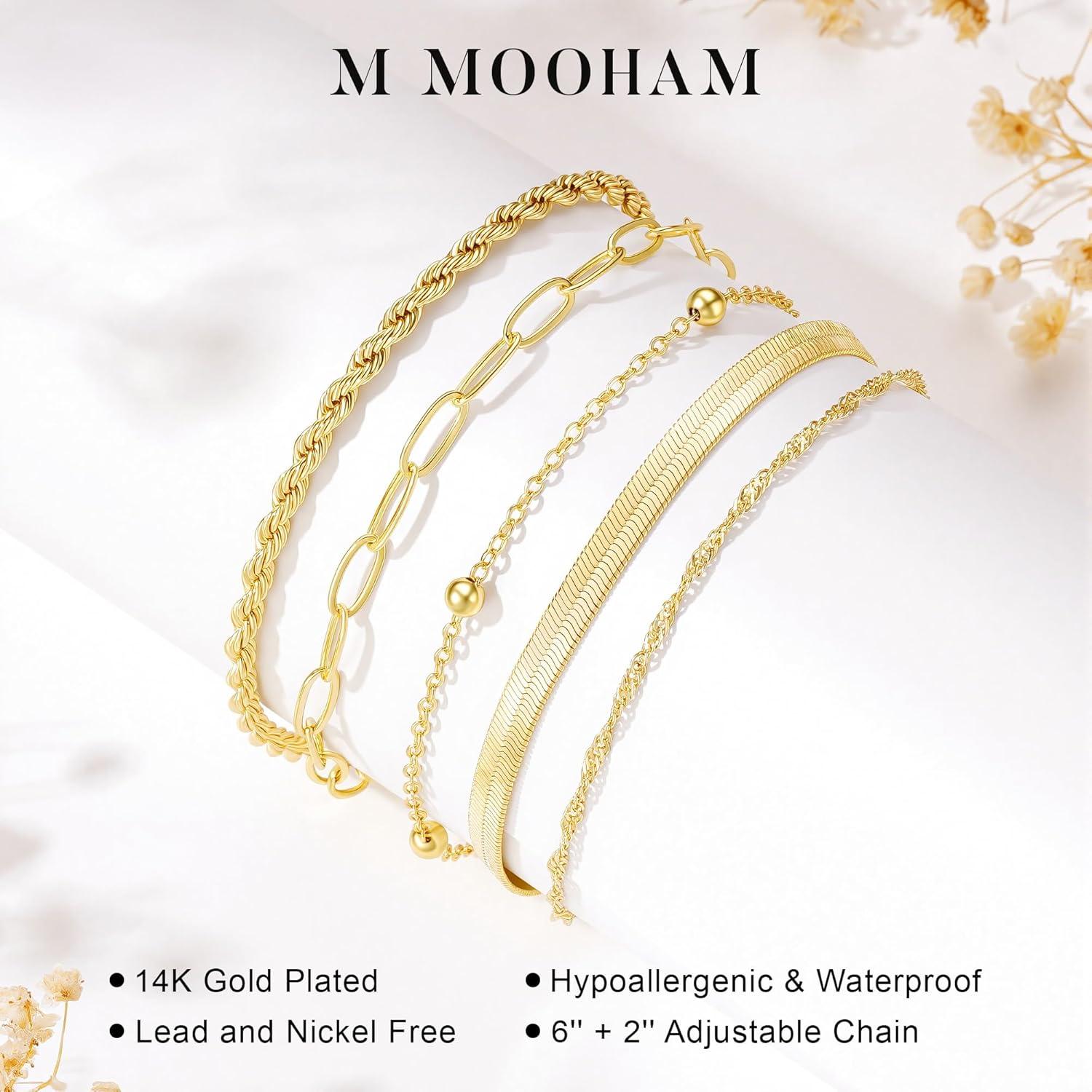 imageM MOOHAM Gold Bracelets Stack for Women Non Tarnish Dainty 14K Gold Plated Stackable Bracelets Simple Herringbone Paperclip Rope Cuban Chain Bracelet Set for Women Trendy Waterproof Jewelry Gift5pcs bracelets set01