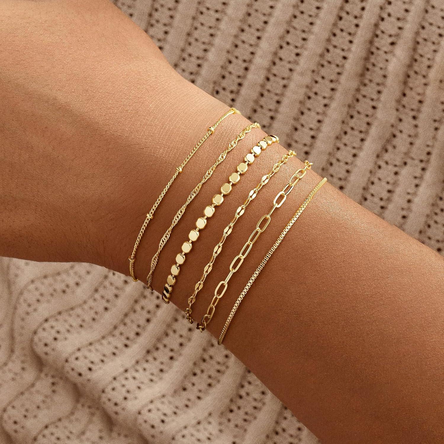imageM MOOHAM Gold Bracelets Stack for Women Non Tarnish Dainty 14K Gold Plated Stackable Bracelets Simple Herringbone Paperclip Rope Cuban Chain Bracelet Set for Women Trendy Waterproof Jewelry Gift6pcs bracelets set03
