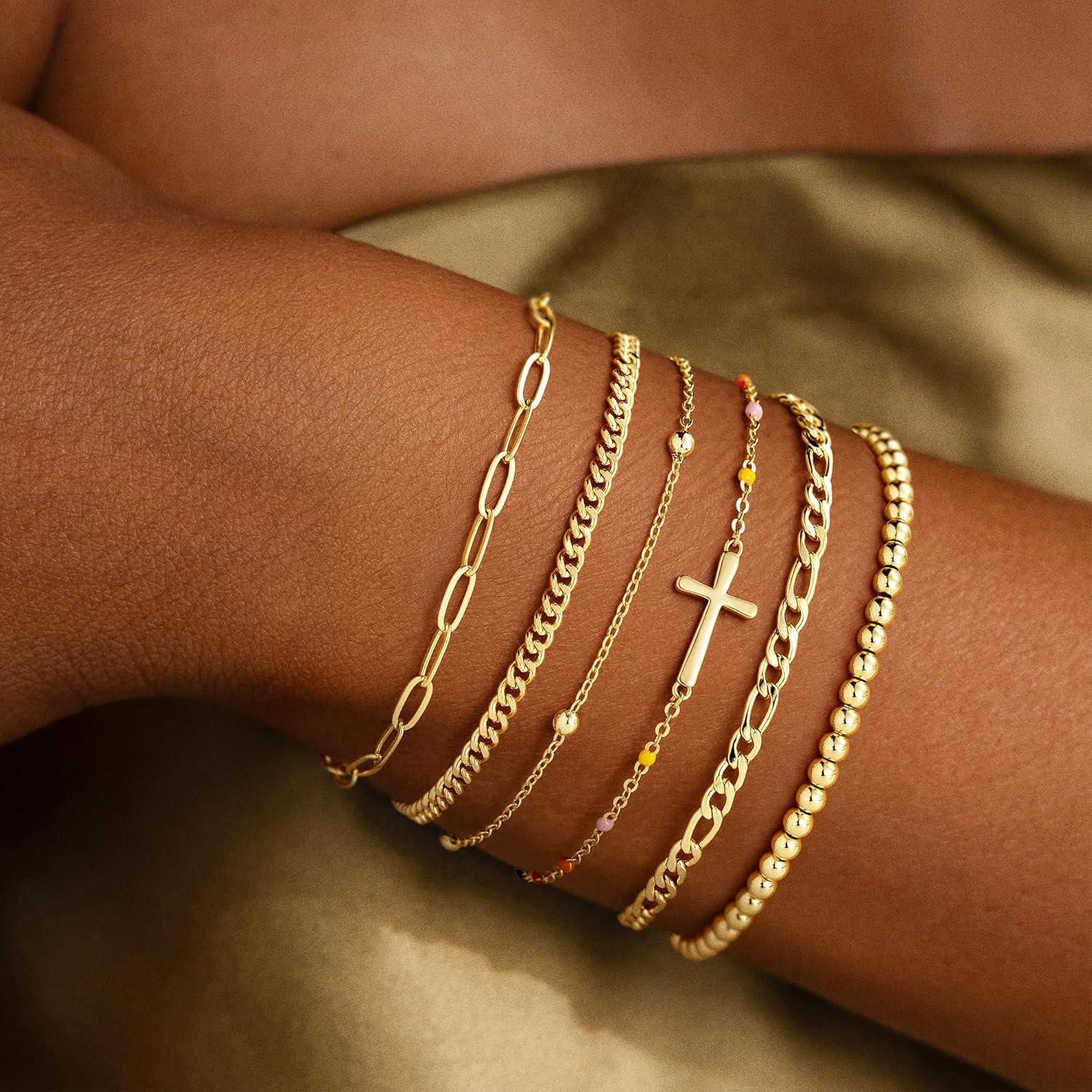 imageM MOOHAM Gold Bracelets Stack for Women Non Tarnish Dainty 14K Gold Plated Stackable Bracelets Simple Herringbone Paperclip Rope Cuban Chain Bracelet Set for Women Trendy Waterproof Jewelry Gift6pcs bracelets set06