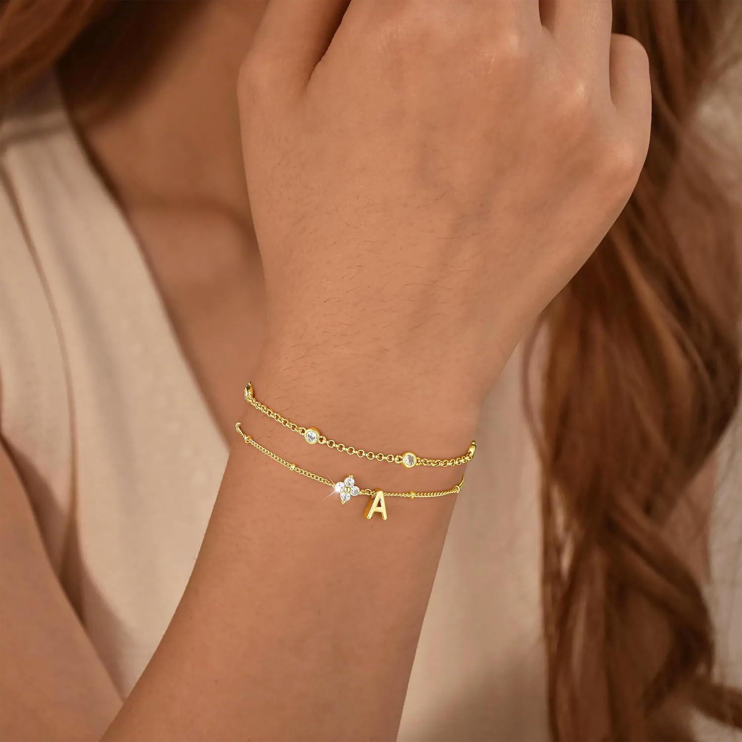 imageM MOOHAM Valentines Gifts for Women Teen Girls 14K Gold Plated Initial Letter AZ Bracelets for Women Trendy Layered Link Charm Bracelet Anniversary Birthday Personalized Jewelry GiftB