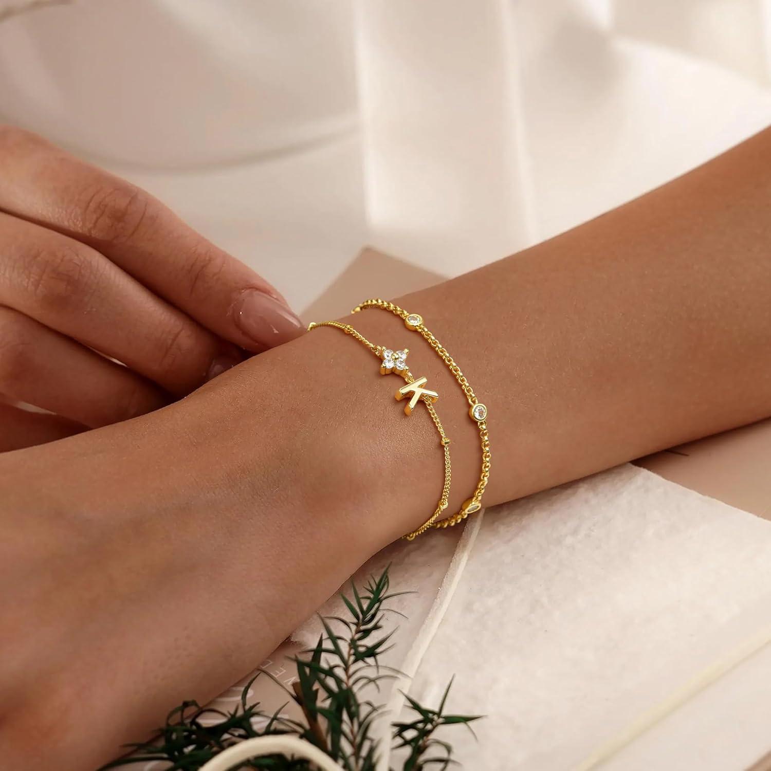 imageM MOOHAM Valentines Gifts for Women Teen Girls 14K Gold Plated Initial Letter AZ Bracelets for Women Trendy Layered Link Charm Bracelet Anniversary Birthday Personalized Jewelry GiftD